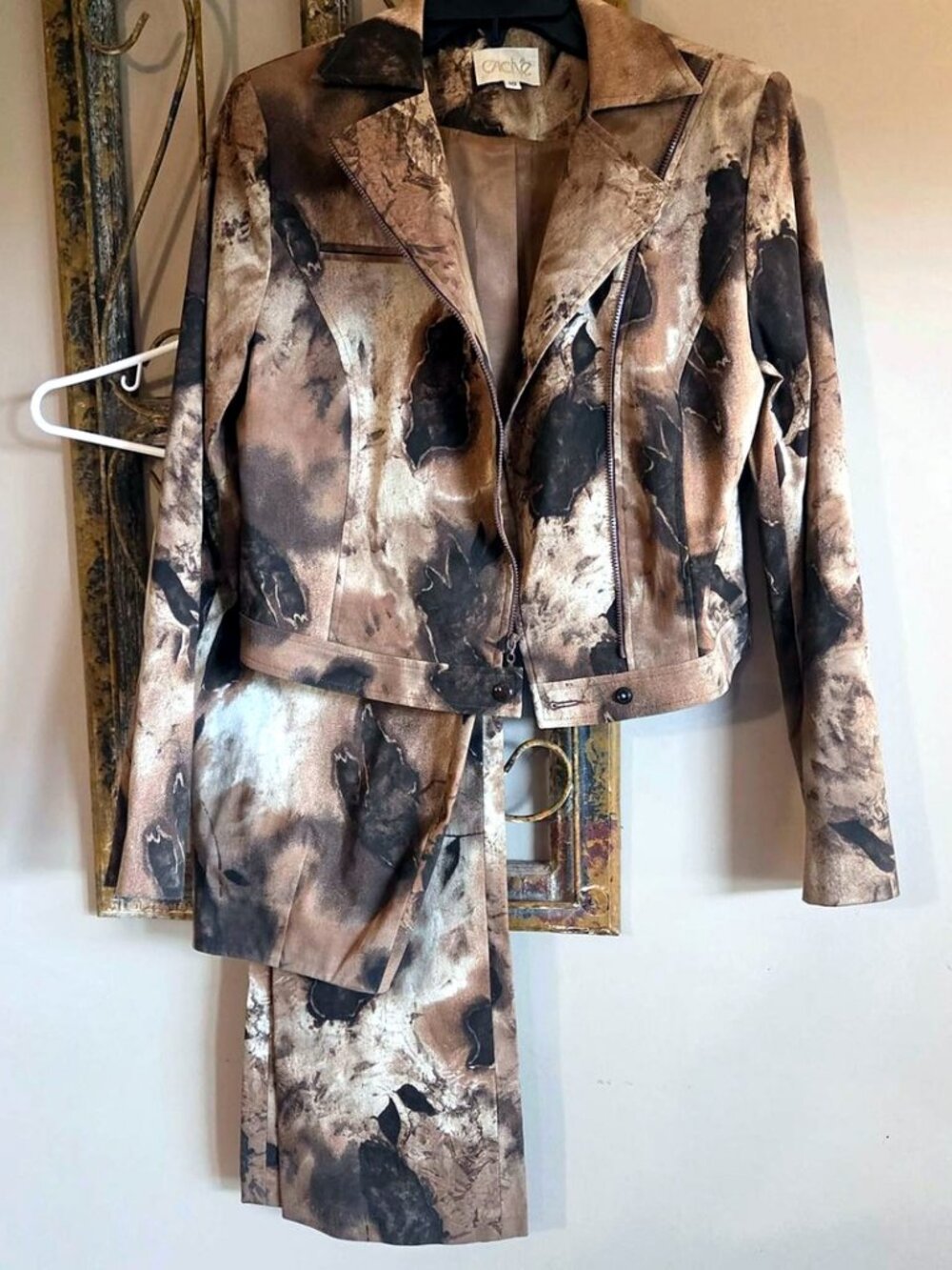 Vintage Cache 2 Piece Blazer Wide Leg Pants Suit Set Brown Tan Print Size 10 6